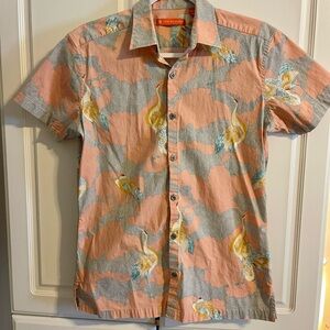 Tori Richard Short- sleeve collared shirt- red crested cranes with pink and blue